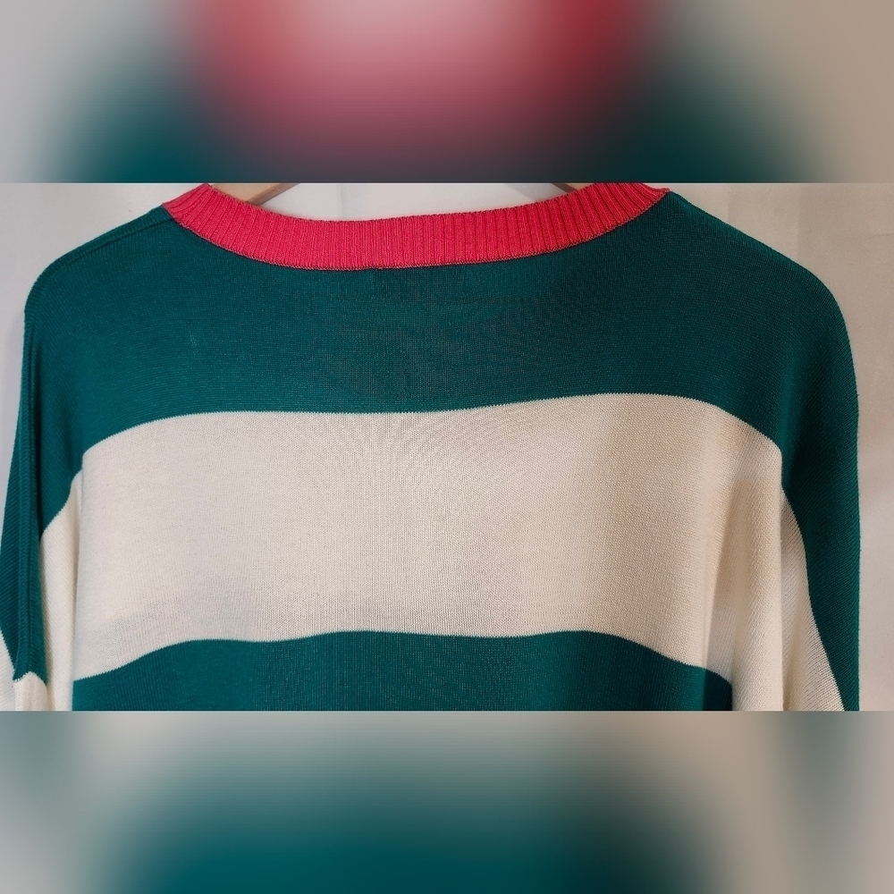 Andree By Unit Womens Teal Pink Striped‎ Sweater Size 1X Coastal Prep Nautical - Picture 7 of 8